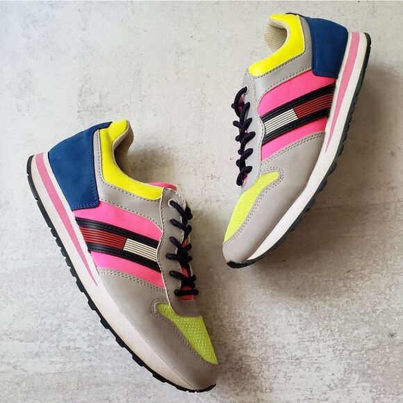 Tommy Hilfiger Neon Colorblock Retro Trainer Sneakers Sz 8 - Picture 1 of 7